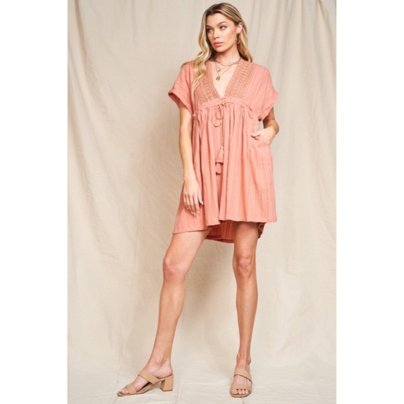 SOLD OUT Clay Cover Up Style Crochet Boho Swingy Dress w/ Tassel Trim Tie Casual - Picture 3 of 8